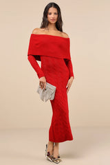 Cozy Excellence Heather Red Off-the-Shoulder Sweater Dress