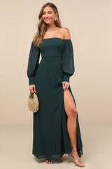 Feel the Romance Emerald Green Off-the-Shoulder Maxi Dress