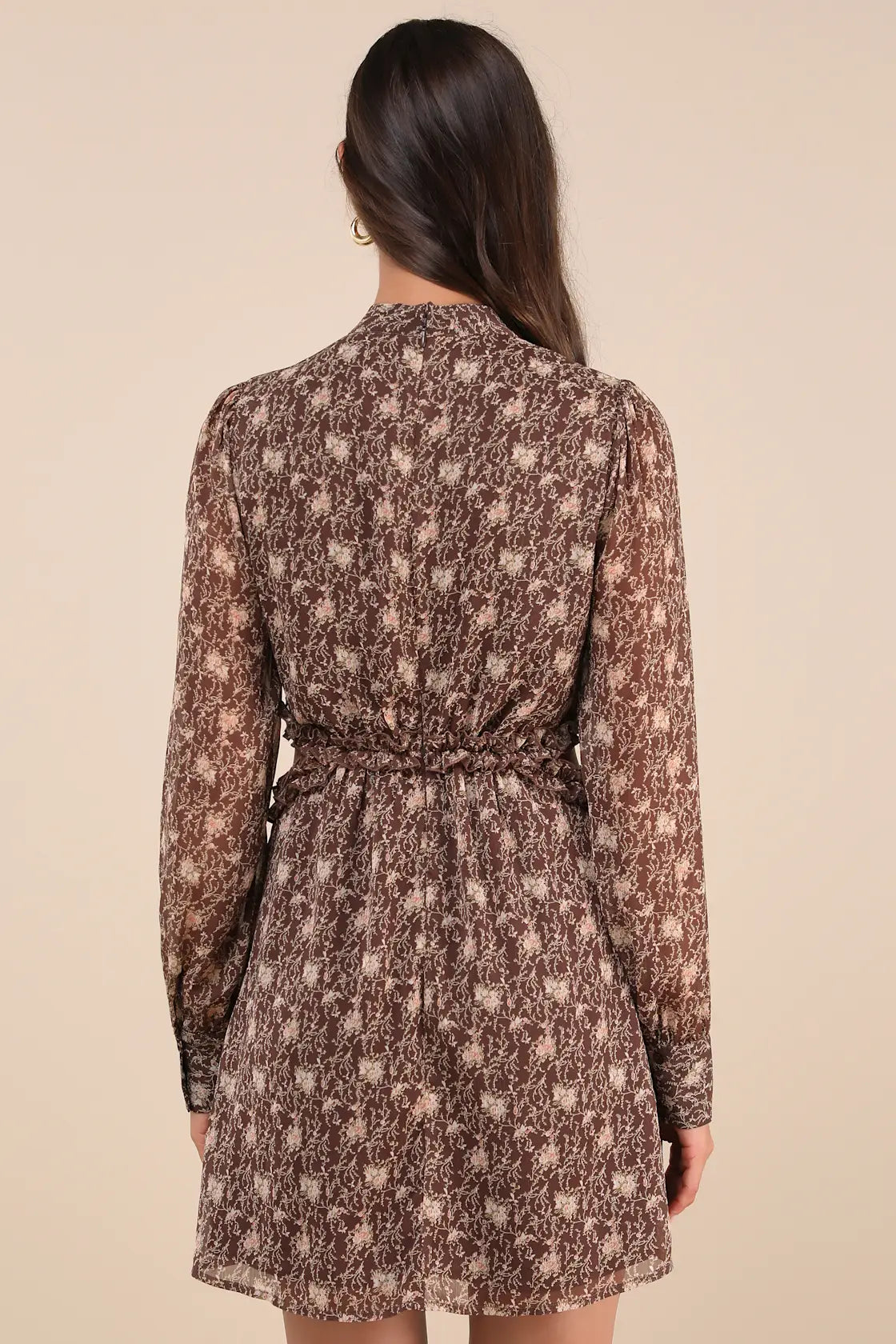 Autumn Bliss Brown Floral Print Long Sleeve Cutout Mini Dress