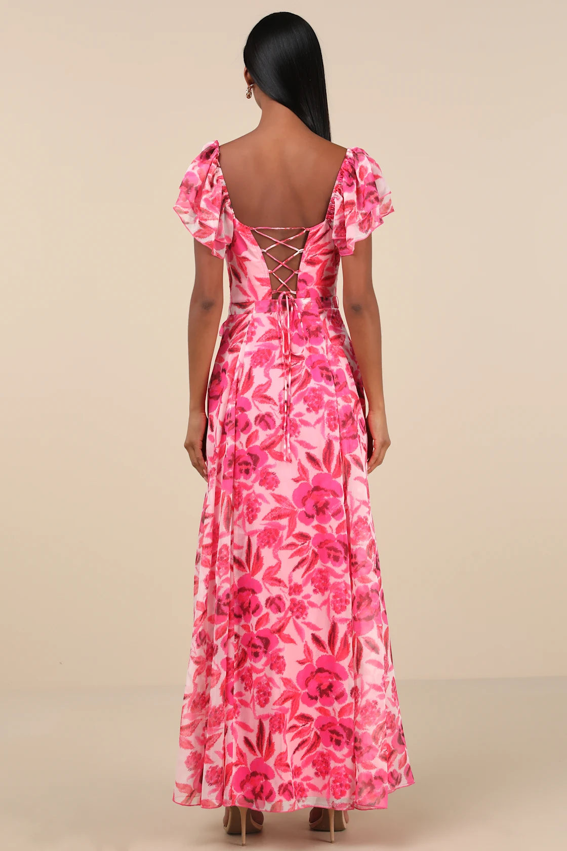 Sensationally Sweeter Bright Pink Floral Ruffled Maxi Dress
