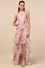 Forever Exceptional Black Floral Halter Organza Maxi Dress