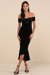How Much I Care Dark Teal Velvet Off-the-Shoulder Midi Dress