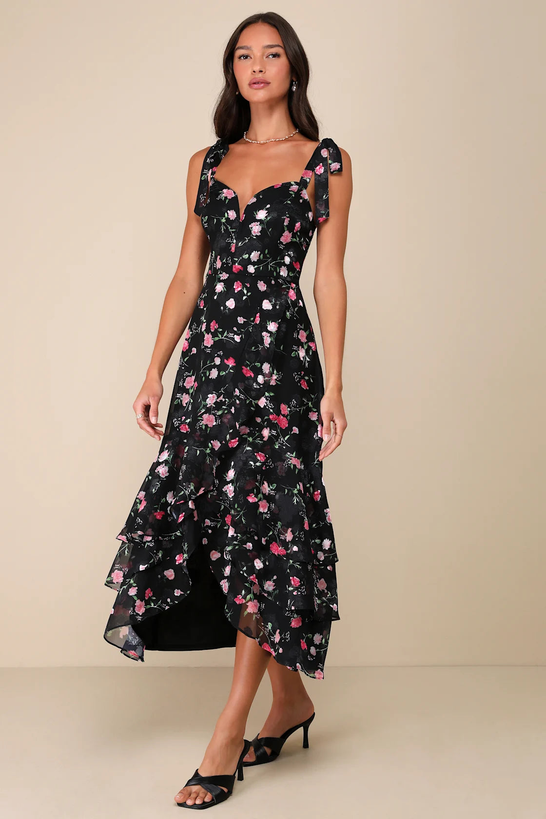 So Elevated Red Floral Jacquard Tie-Strap High-Low Midi Dress