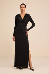 Rhodria Black Rhinestone Cowl Long Sleeve Maxi Dress