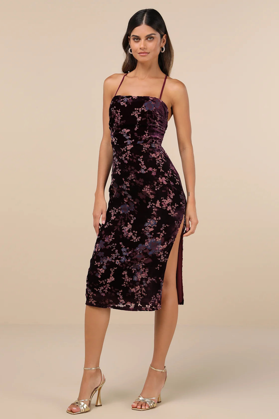 Elegant Persuasion Black Burnout Velvet Lace-Up Midi Dress