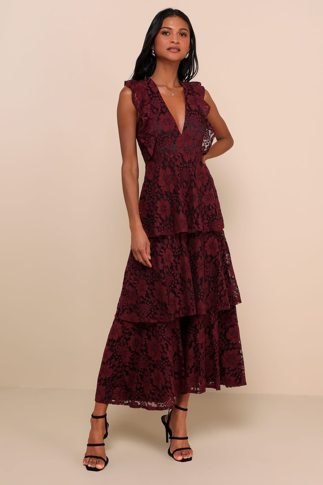 Molinetto Navy Blue Lace Ruffled Tiered Sleeveless Maxi Dress
