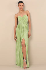 Oswin Navy Satin Plisse Strapless Maxi Dress
