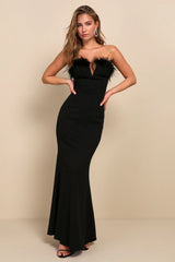 Extraordinary Glam Black Feather Strapless Mermaid Maxi Dress
