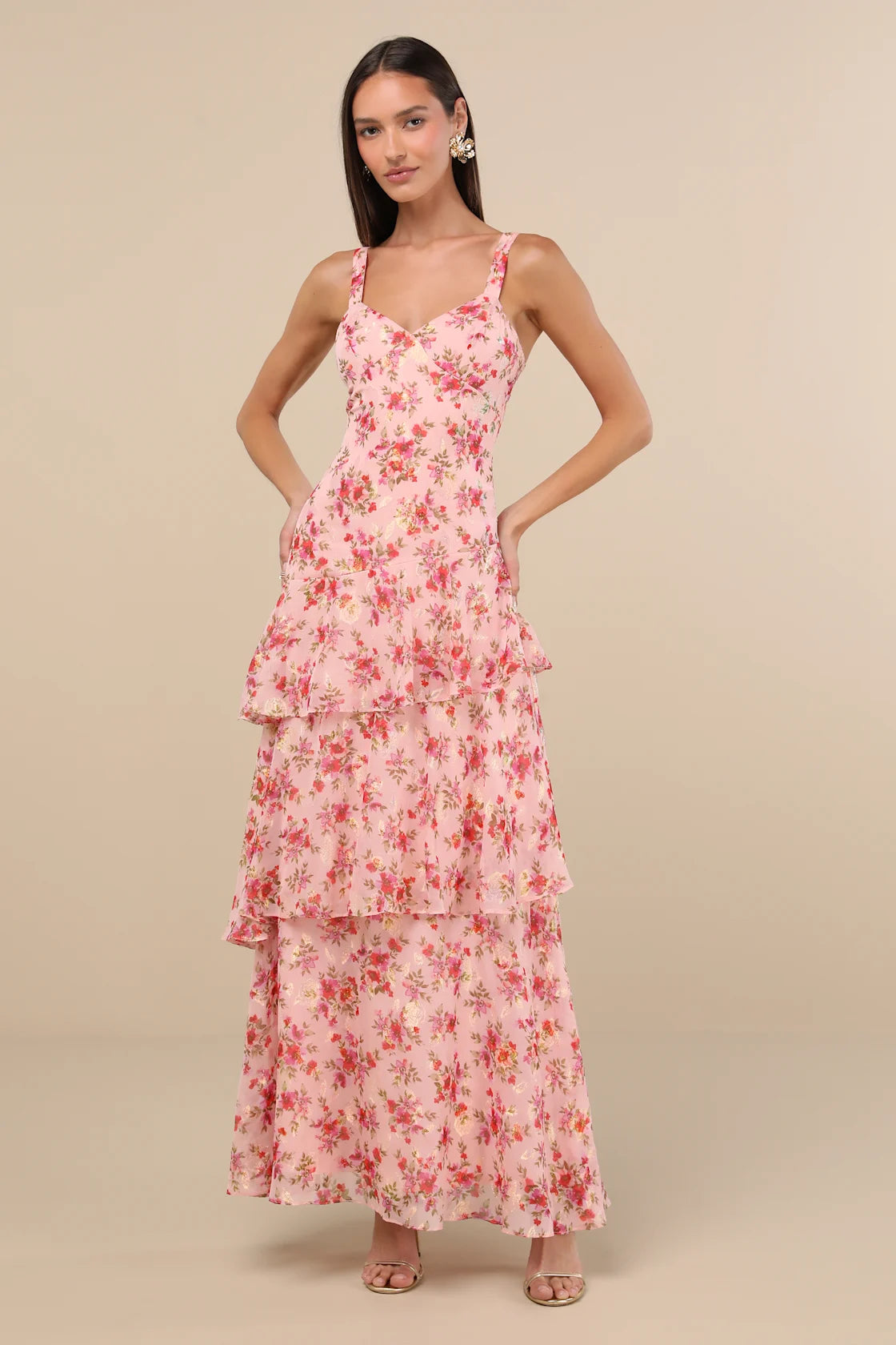 Laurette Pink Floral Tiered Sleeveless Maxi Dress