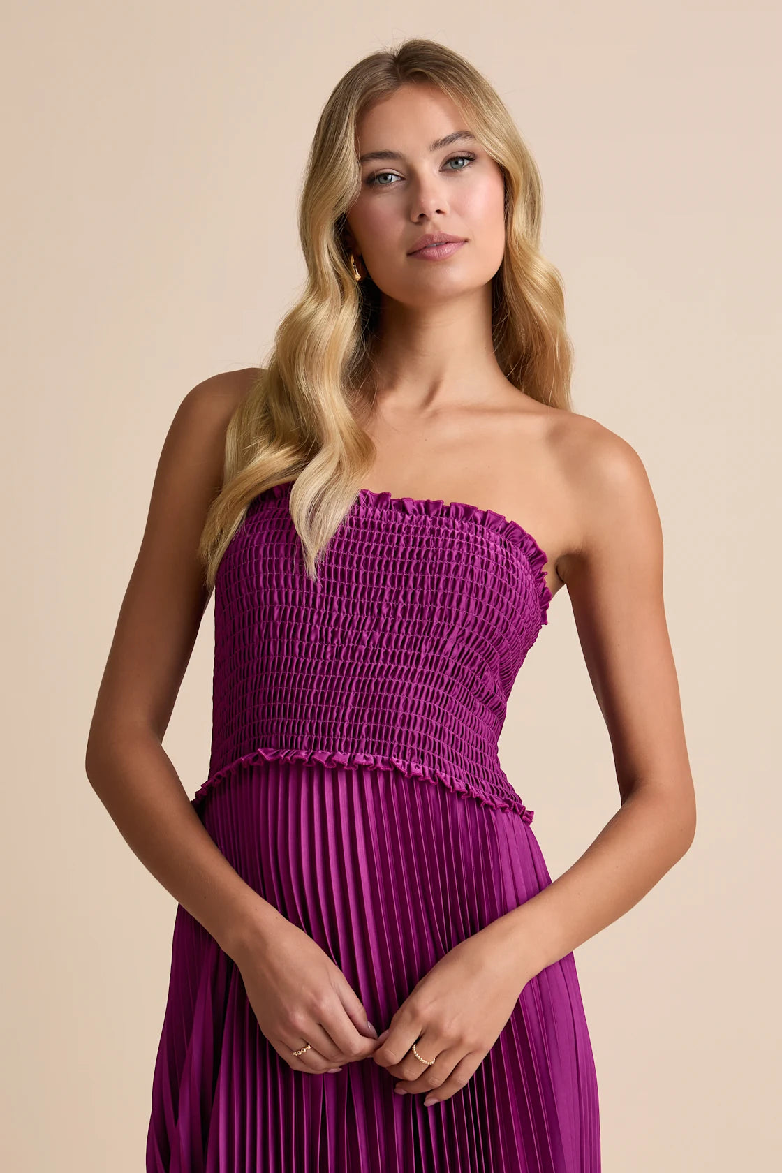 Damira Rust Satin Pleated Strapless Maxi Dress
