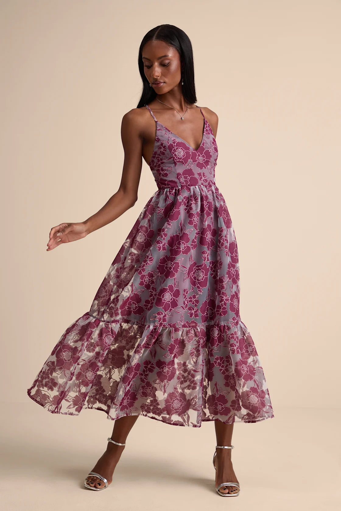 Feeling Like Forever Rose Jacquard Organza Lace-Up Midi Dress