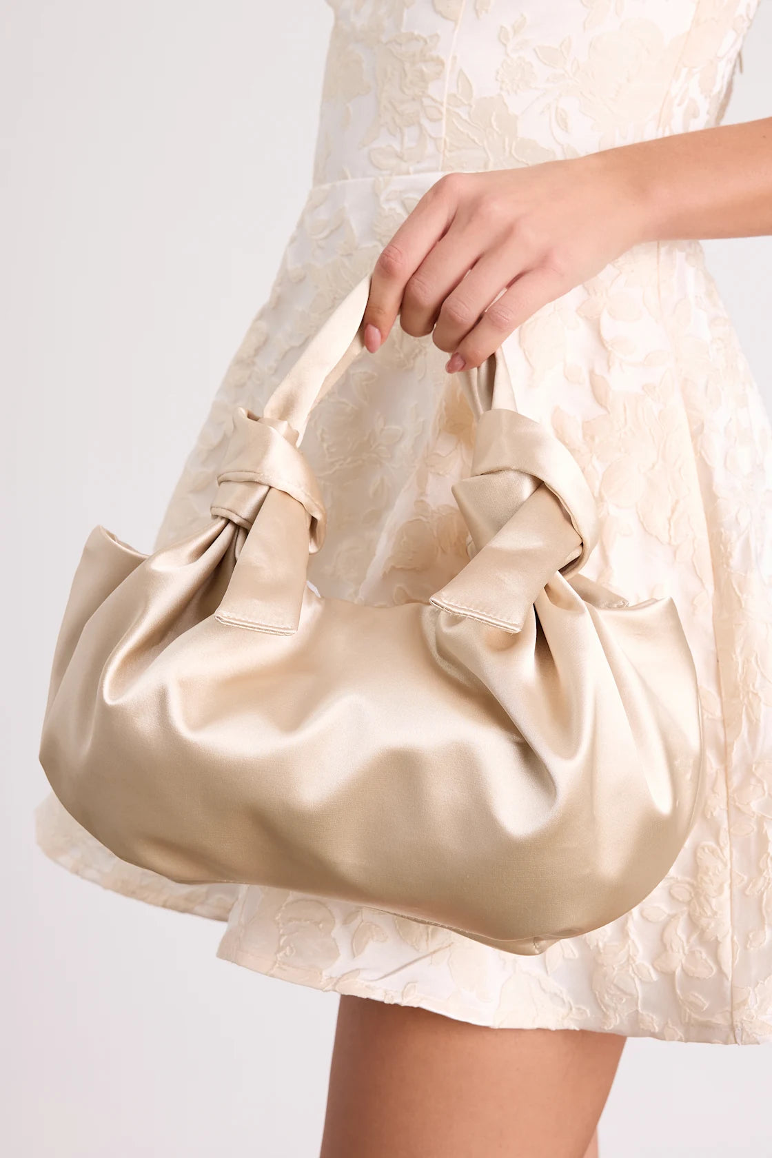 Maelynn Champagne Satin Knotted Handle Bag