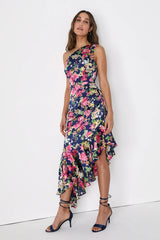 Divinely Blooming Lime Multi Floral One-Shoulder Midi Dress