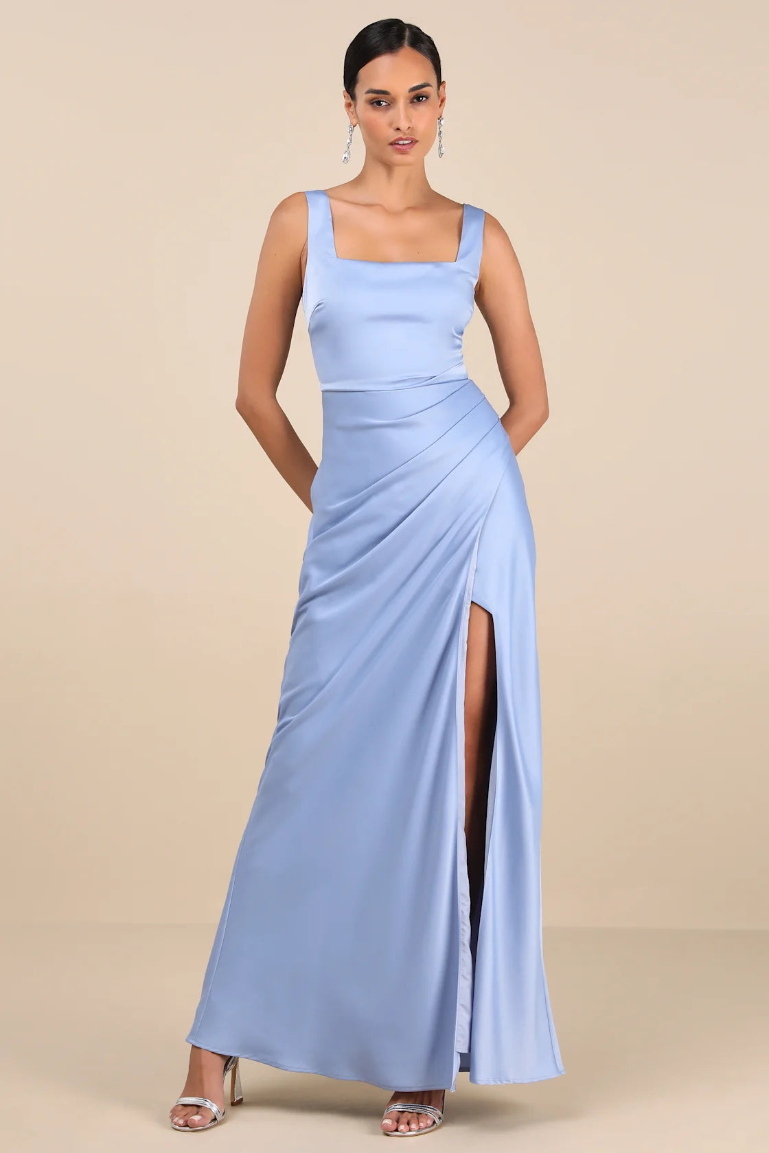 Red Carpet Romance Peach Satin Square Neck Maxi Dress