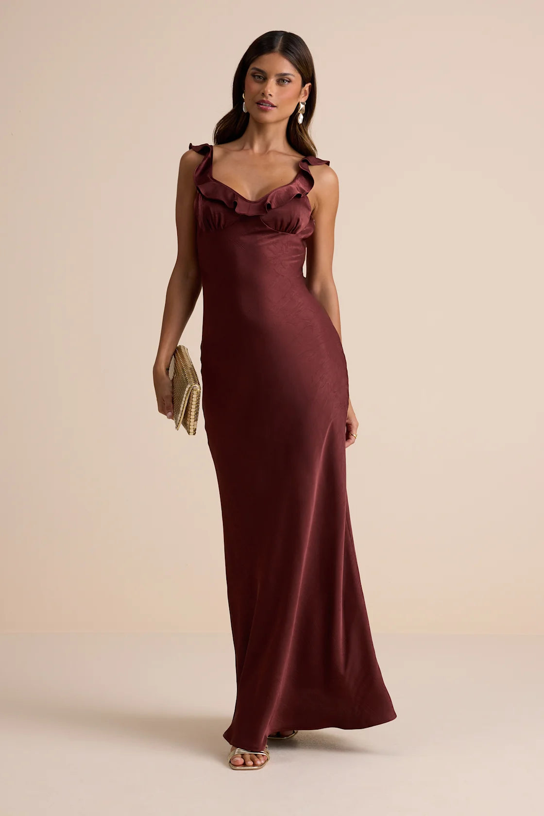 Angela Blue Satin Ruffed Slip Maxi Dress
