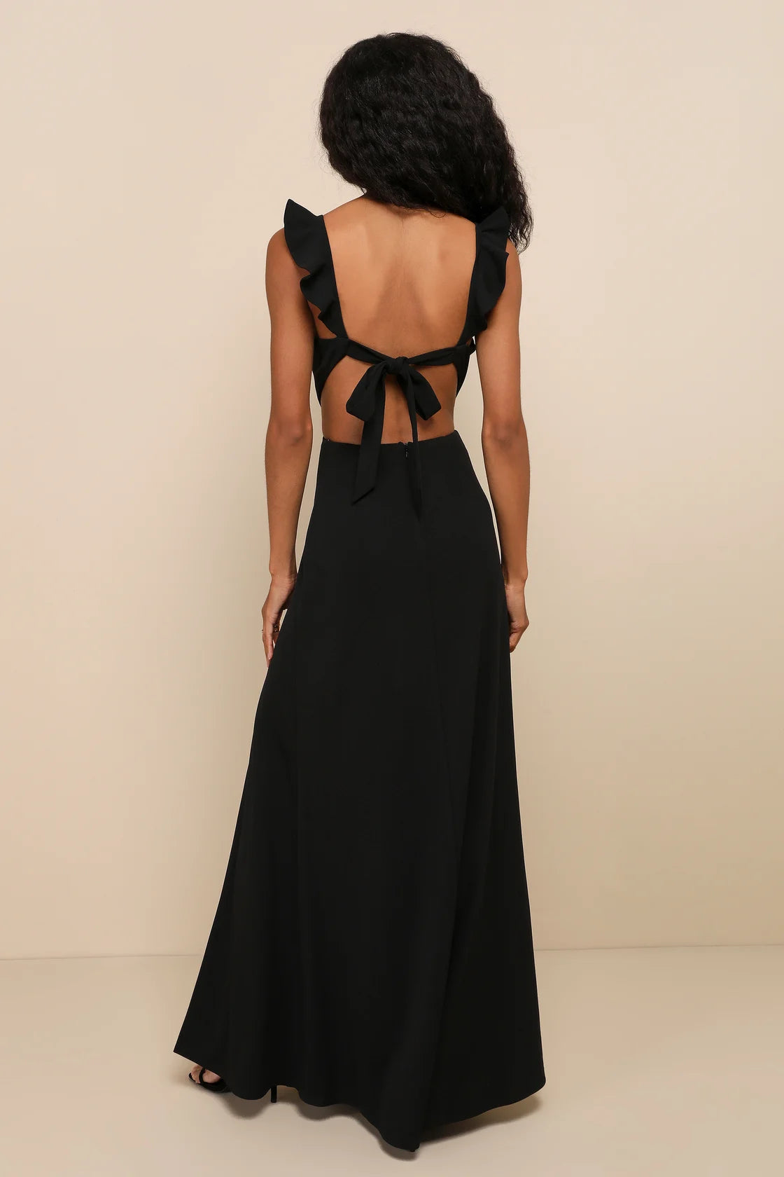 Captivating Charisma Black Ruffled Cutout Tie-Back Maxi Dress