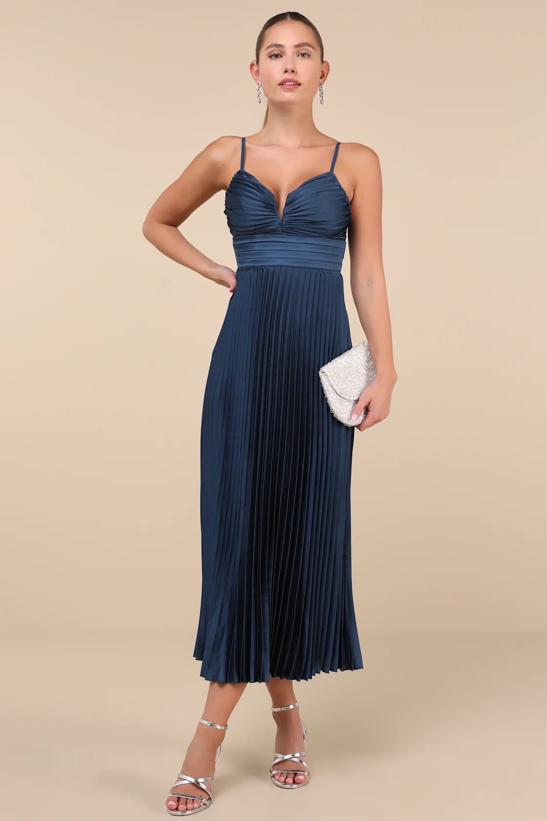 Fabulous Perfection Navy Blue Satin Pleated Midi Dress