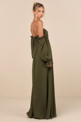 Glorious Invite Olive Green Knotted Off-the-Shoulder Maxi Dress