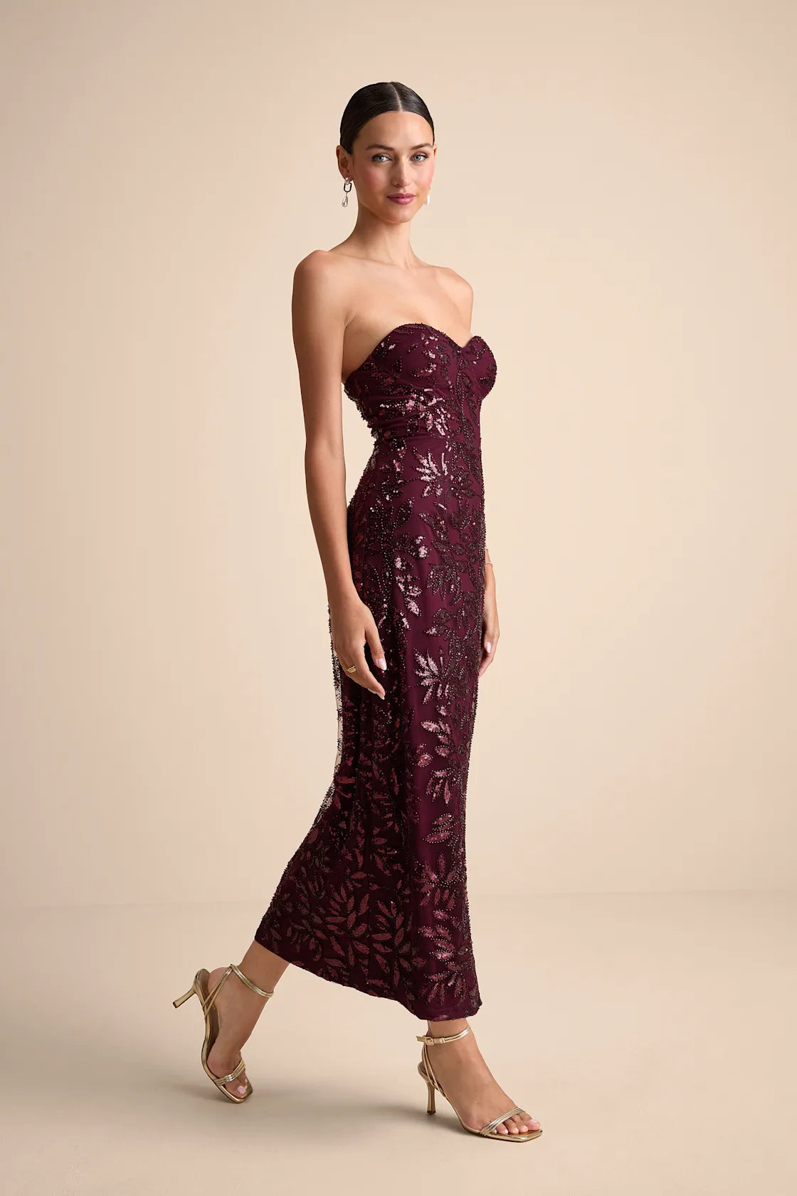 Beyza Burgundy Sequin Beaded Strapless Midi Dress