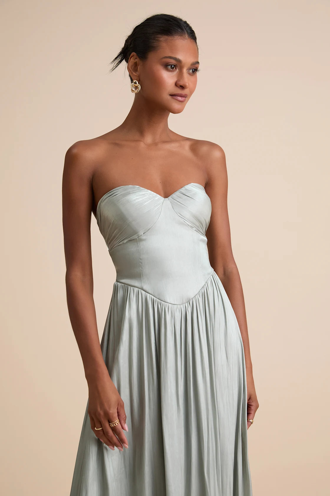 Kylin Sage Satin Basque Waist Maxi Dress