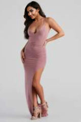 Heather Ruched High-Slit Formal Dress