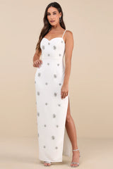 Completely Regal White Rhinestone Sleeveless Column Maxi Dress