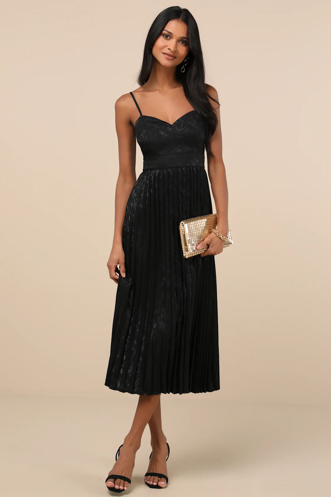 Regal Romance Black Floral Jacquard Pleated Satin Midi Dress