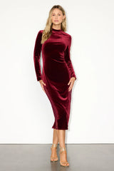 Eloquent Drama Black Velvet Mock Neck Midi Dress