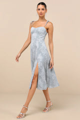 Loveliest Looks Navy Blue Floral Jacquard Tie-Strap Midi Dress
