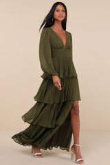 Graceful Finesse Navy Blue Pleated Long Sleeve Maxi Dress