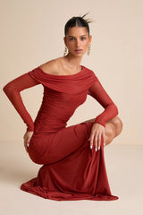 Darla Rust Red Mesh One-Shoulder Long Sleeve Maxi Dress