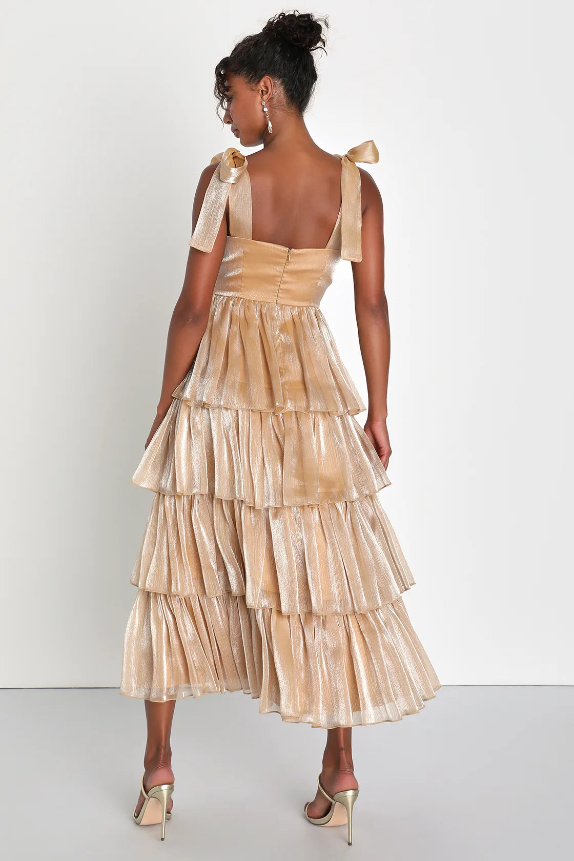 Radiant Arrival Shiny Pink Organza Tiered Tie-Strap Maxi Dress