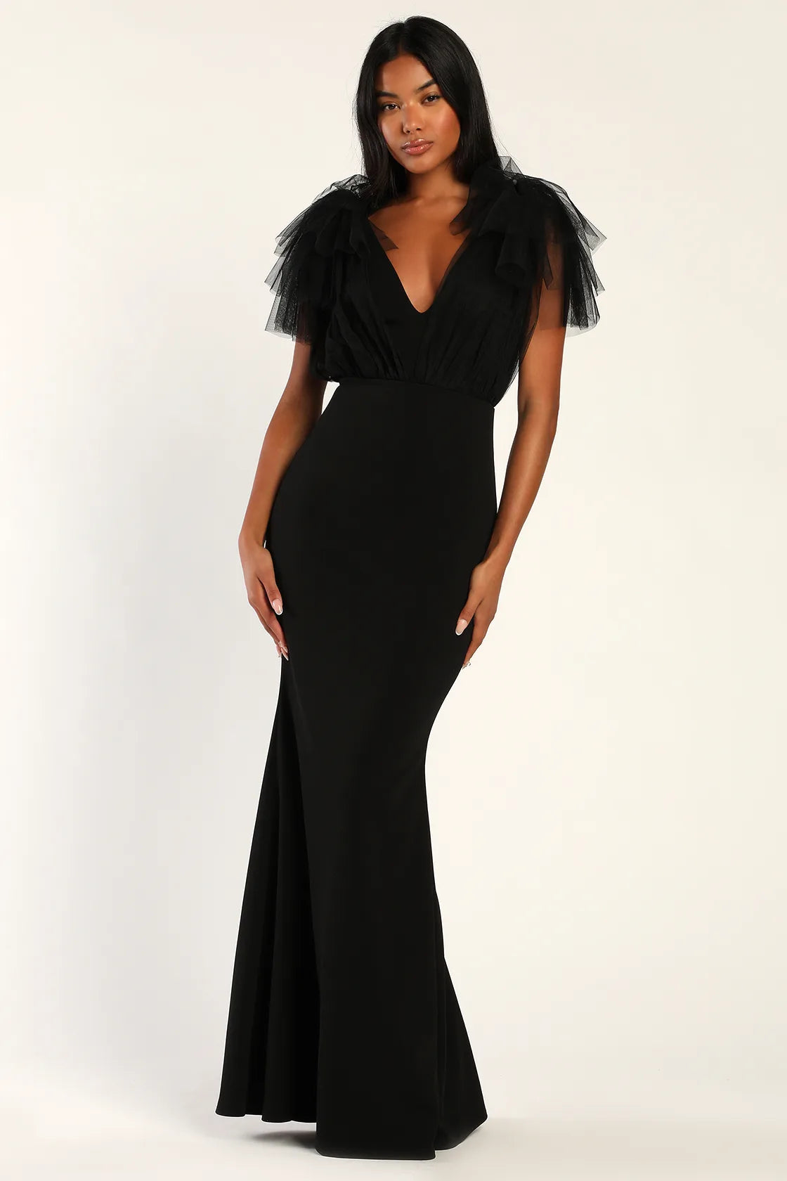 Fabulous Fun Black Tulle Flutter Sleeve Mermaid Maxi Dress