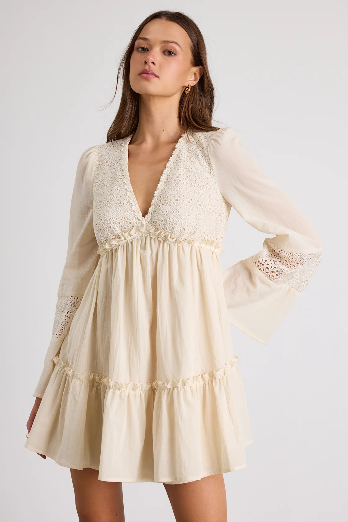 Dovelynn Cream Long Sleeve Baby Doll Mini Dress