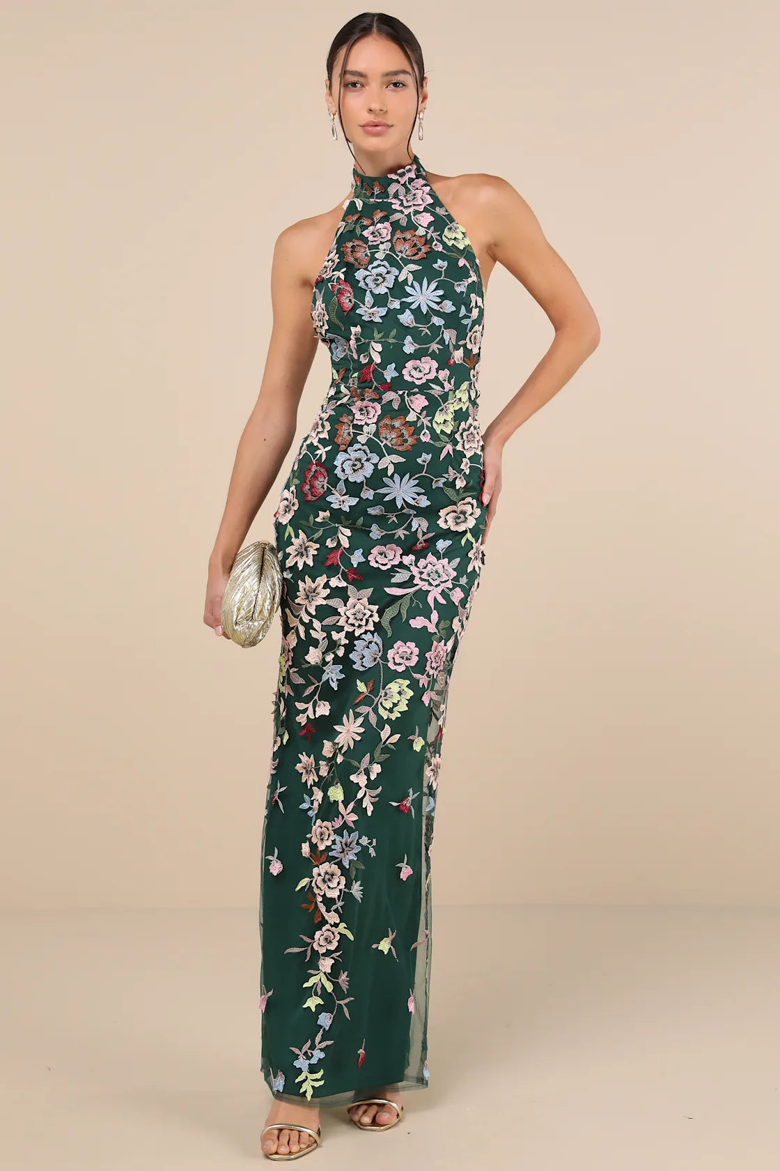 Infinite Praise Black 3D Floral Embroidered Halter Maxi Dress