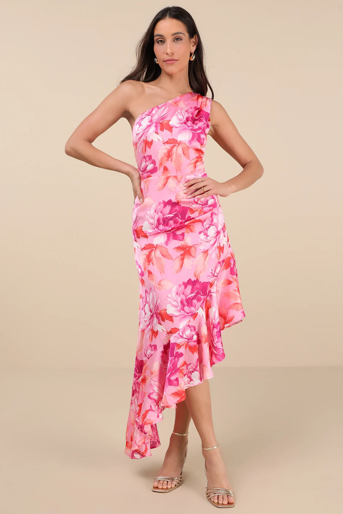 Divinely Blooming Lime Multi Floral One-Shoulder Midi Dress