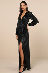Extra Aesthetic Black Shiny Long Sleeve Surplice Maxi Dress