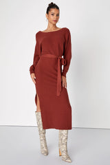 Cozy Captivation Rust Ribbed Dolman Sleeve Midi Sweater Dress
