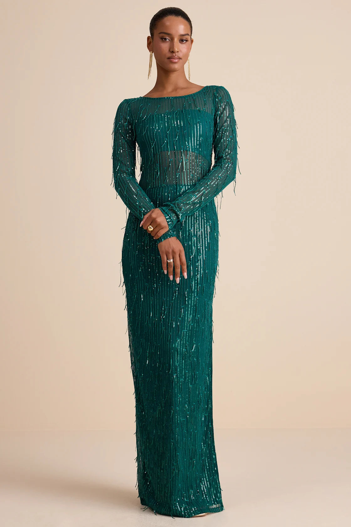Sheer Fascination Emerald Sheer Mesh Sequin Fringe Maxi Dress