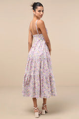 Brightly Blossoming Pink Multi Floral Tiered Midi Dress