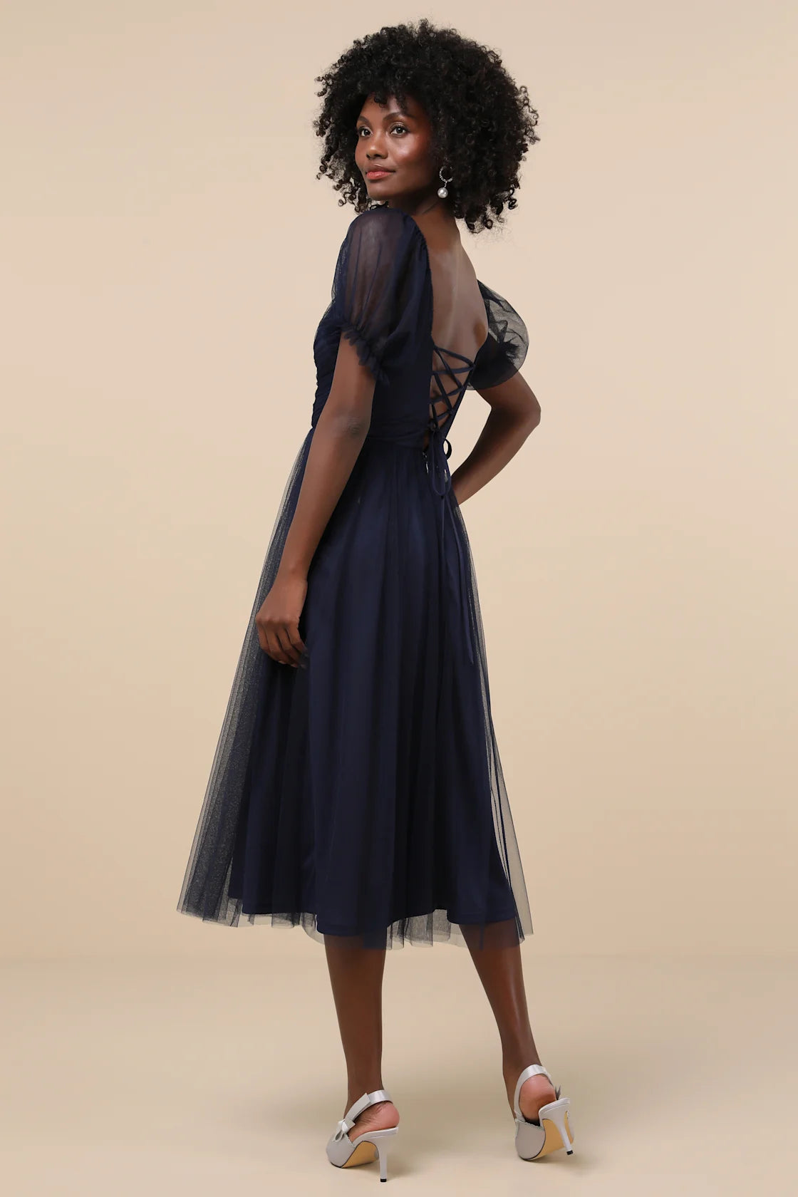 Glorious Chicness Navy Tulle Pleated Puff Sleeve Midi Dress