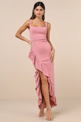 Immaculate Excellence Black Sleeveless Ruffled Tulip Maxi Dress