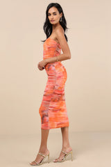 Vania Orange Abstract Mesh Ruched Strapless Midi Dress