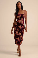 Erisa Burgundy Velvet Floral Burnout Midi Dress
