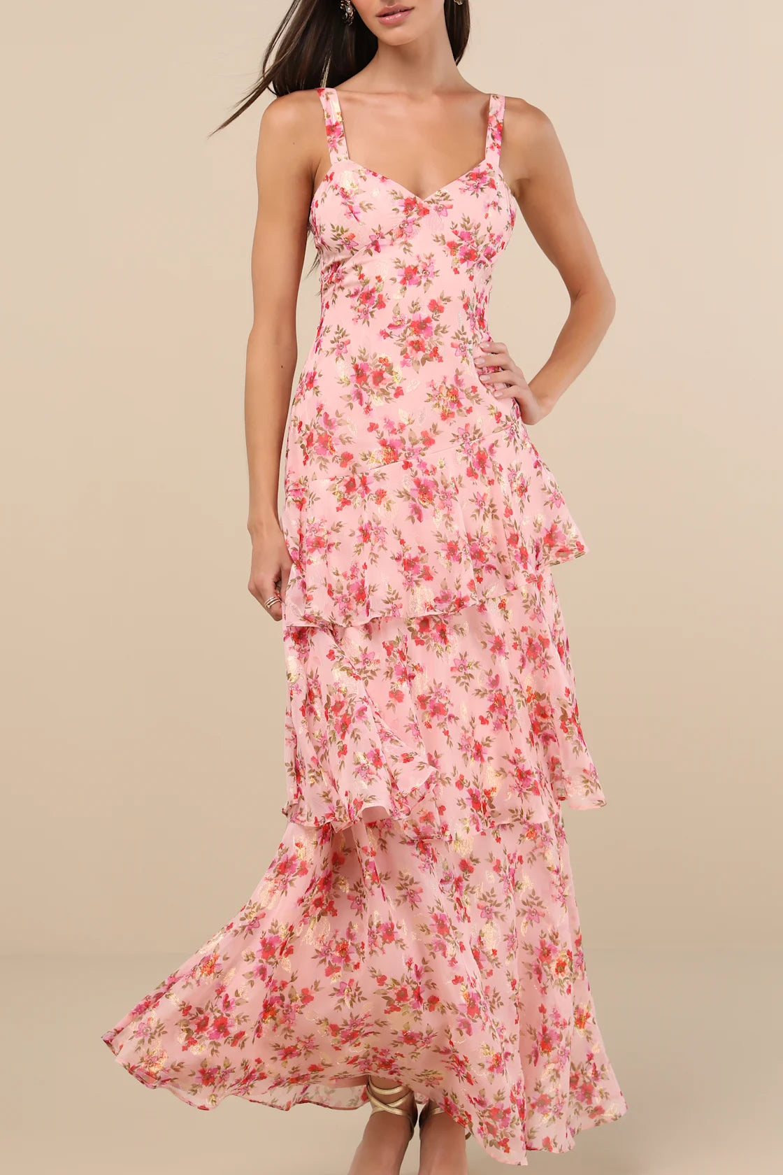 Laurette Pink Floral Tiered Sleeveless Maxi Dress