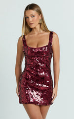 Vivienne Mini Dress - Straight Neck Sequin Dress in Wine