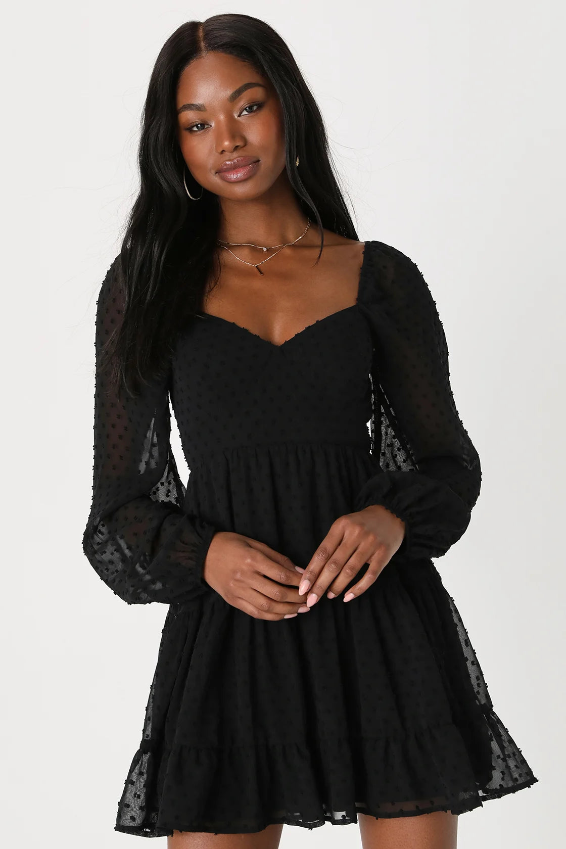 Longing And Love Emerald Swiss Dot Puff Long Sleeve Mini Dress