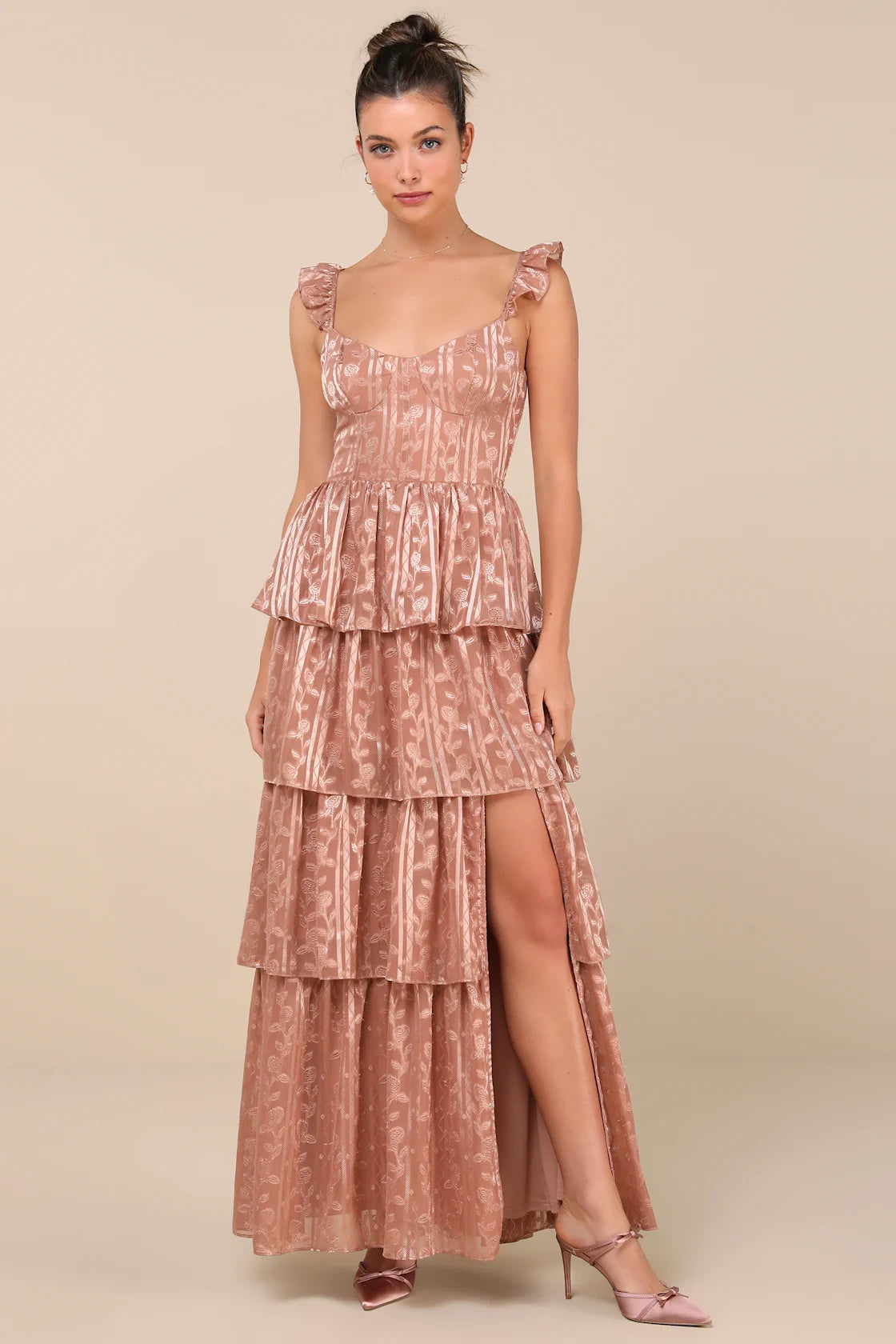 Stunning Glory Navy Blue Floral Jacquard Tiered Maxi Dress