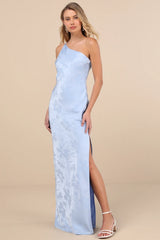 Nadra Light Blue Satin Jacquard One-Shoulder Maxi Dress