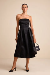 Indaya Black Satin Seamed Pleated Strapless Midi Dress